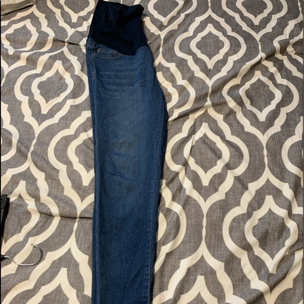 Maternity dark wash crossover panel skinny jeans